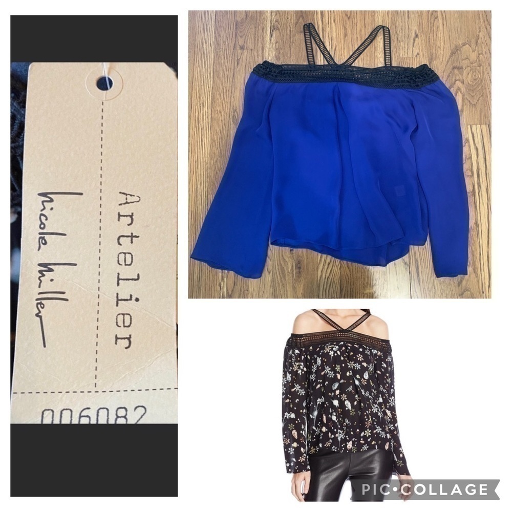 𝅺nicole Miller Artelier 💙 💯% silk off the shoulder blue blouse EUC!!!!